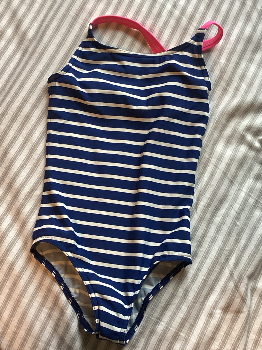 Mini Boden Navy and White Striped One-Piece Swimsuit with Pink Straps